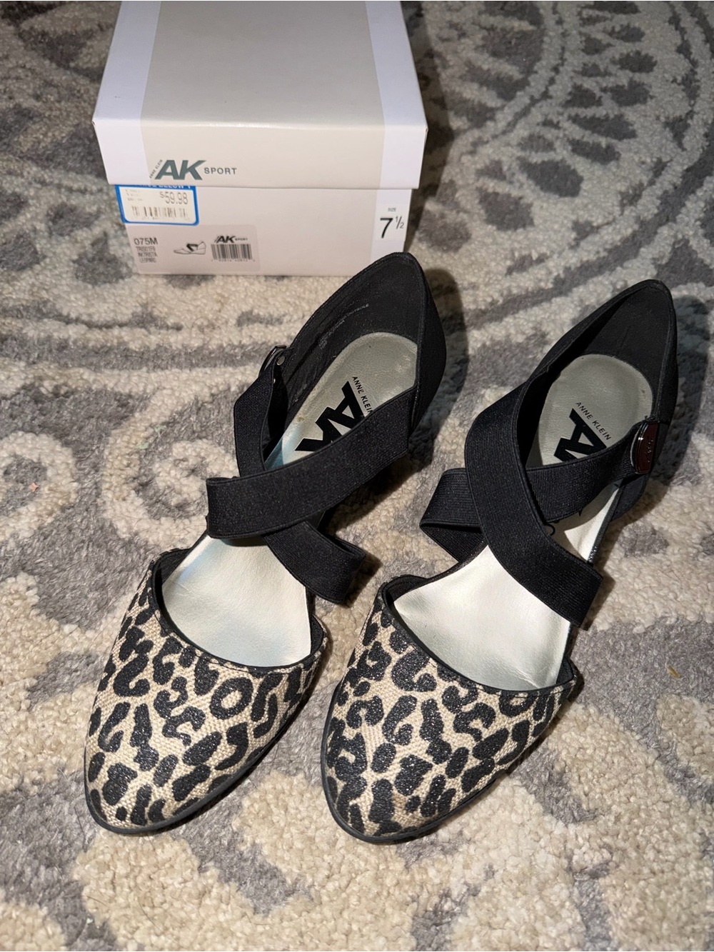 Anne Klein Leopard Print Pointed Flats with Black Crisscross Straps